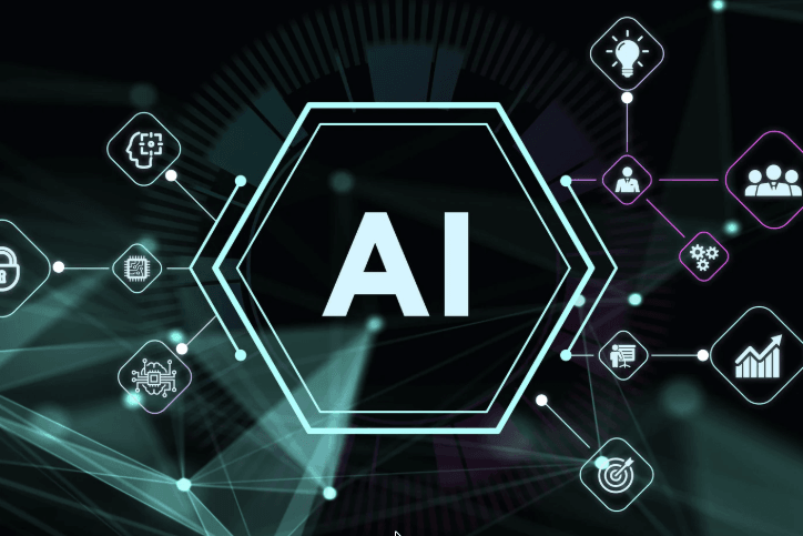 AI product development graphic with connected intelligence, systems, and growth signals