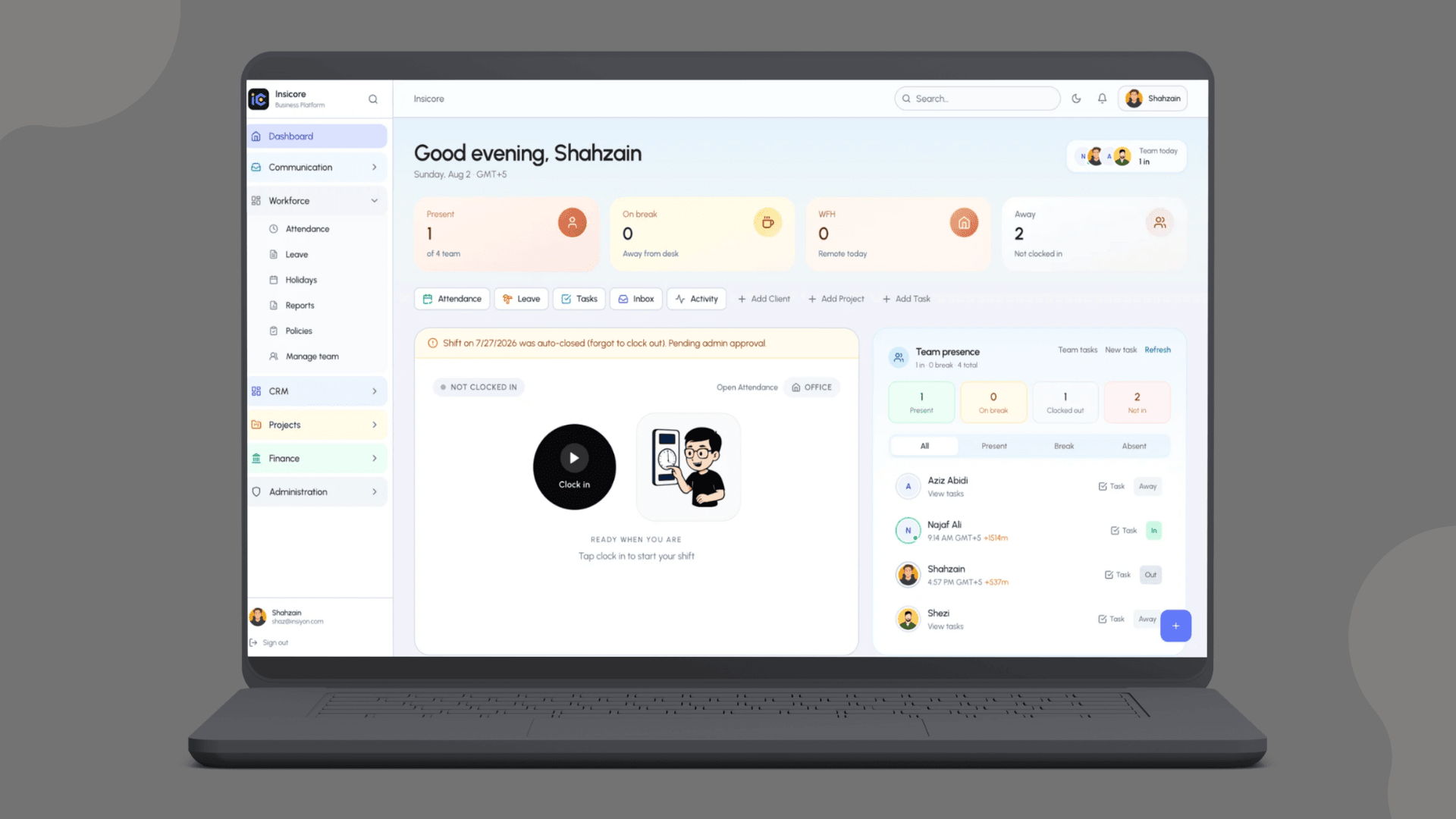Insicore business platform dashboard on laptop