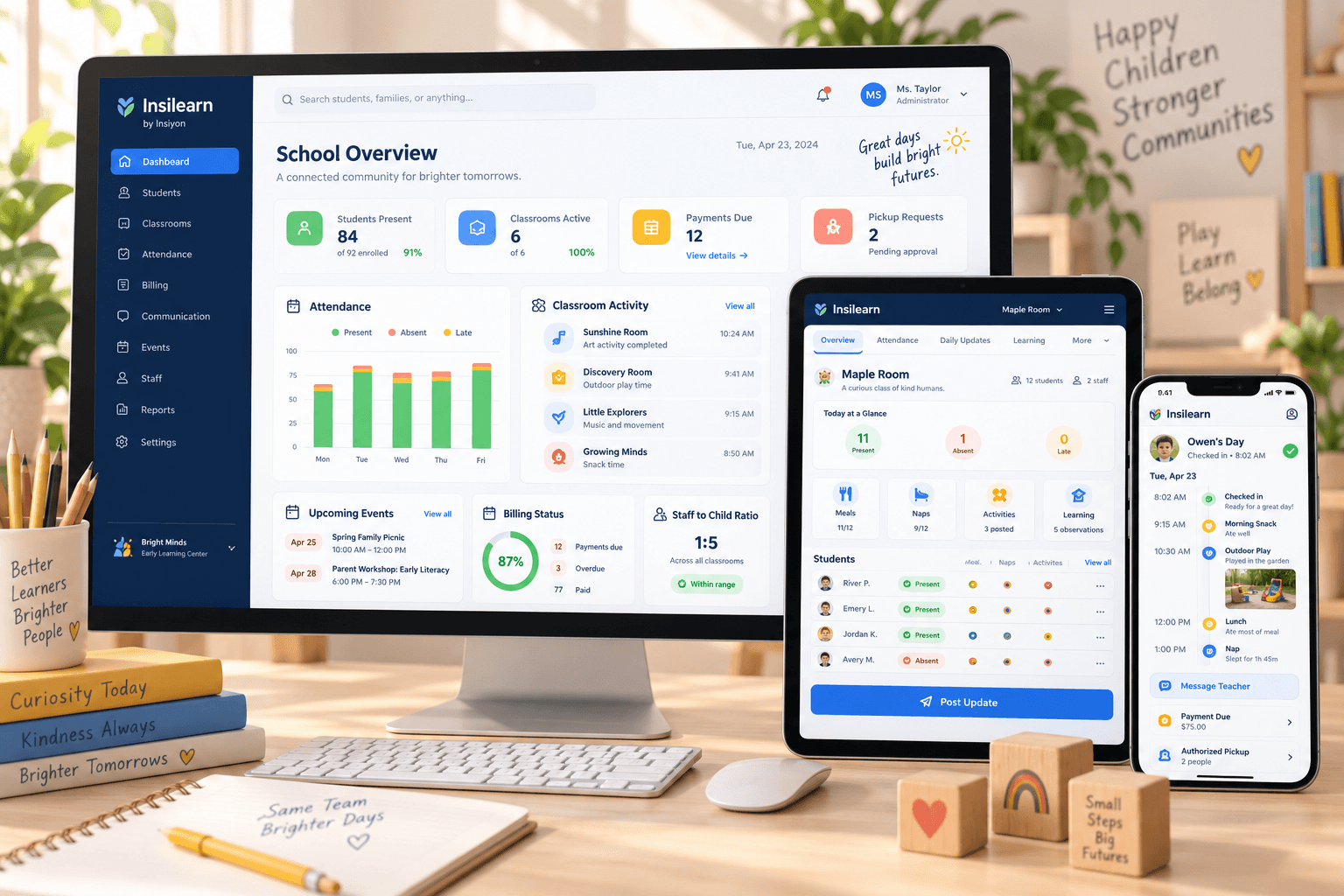 Insilearn school administration dashboard with teacher classroom interface and parent daily-update app