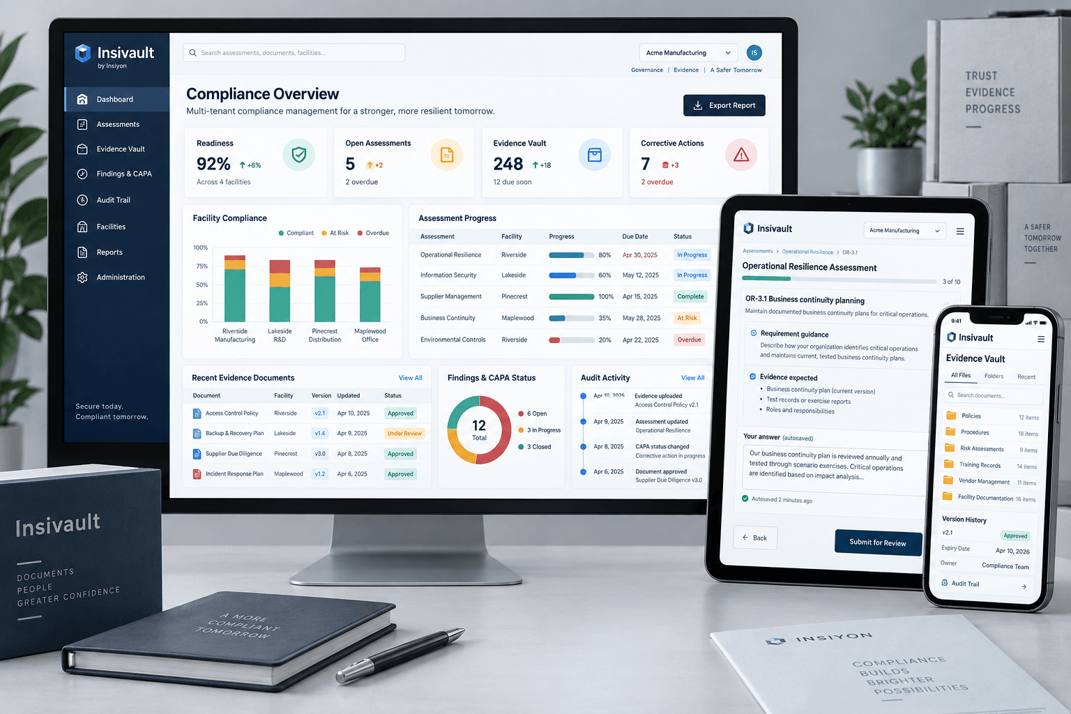 Insivault compliance dashboard with digital assessment and controlled evidence vault interfaces