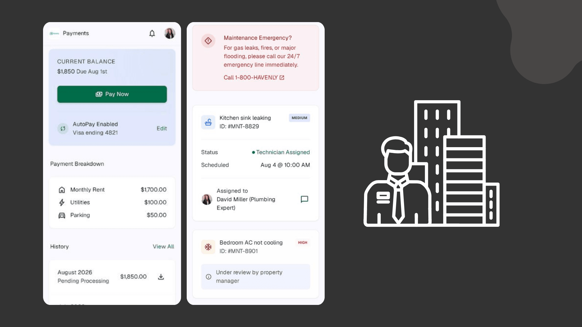 Tenant management app screens for payments and maintenance