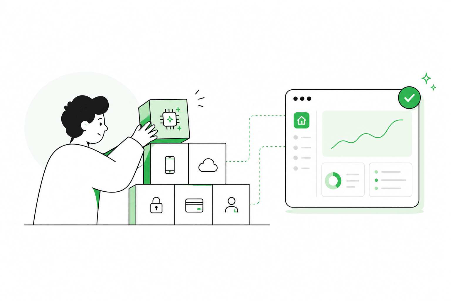 Illustration of assembling product modules into a branded dashboard