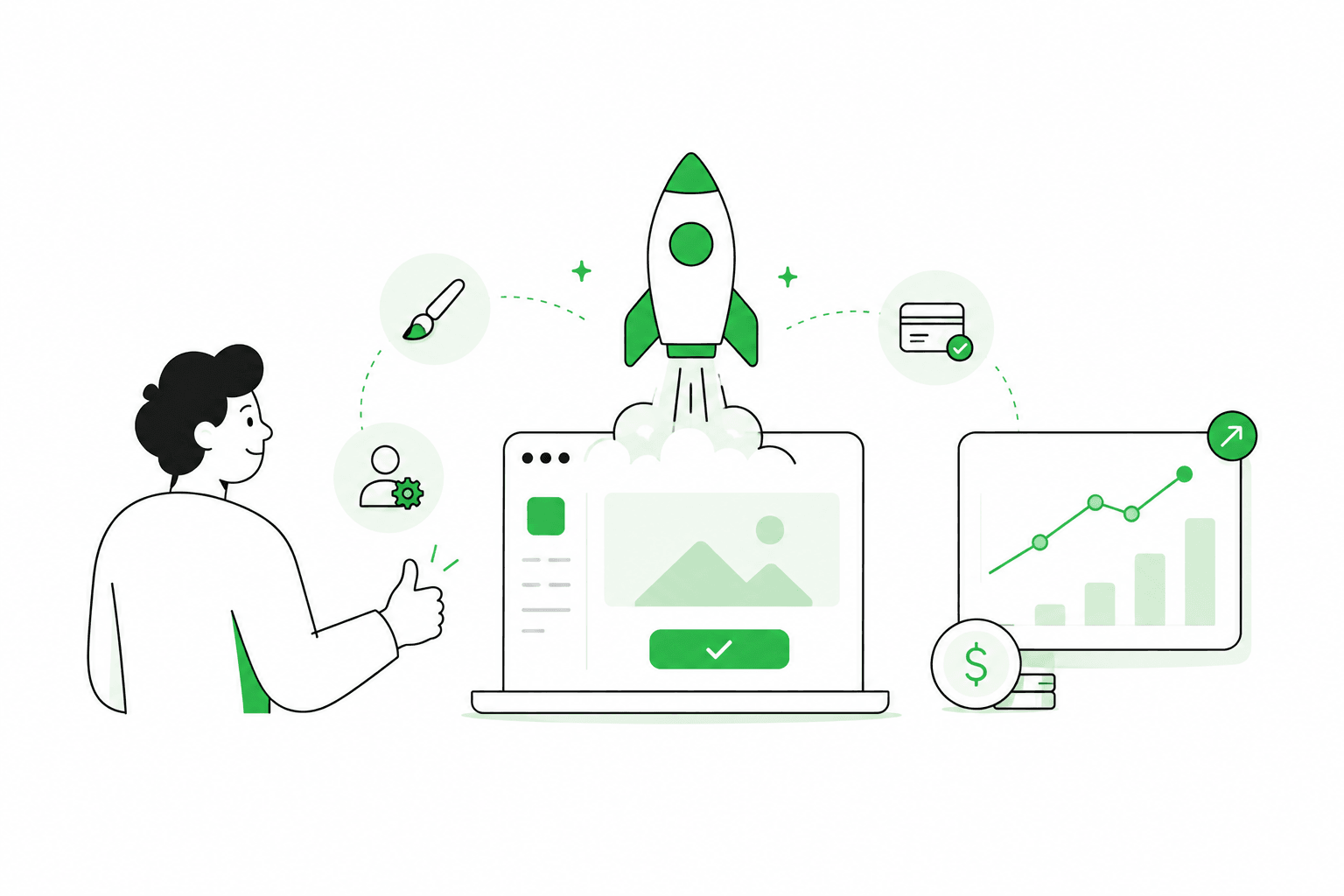 Illustration of a product launch with growth, payments, and operator success