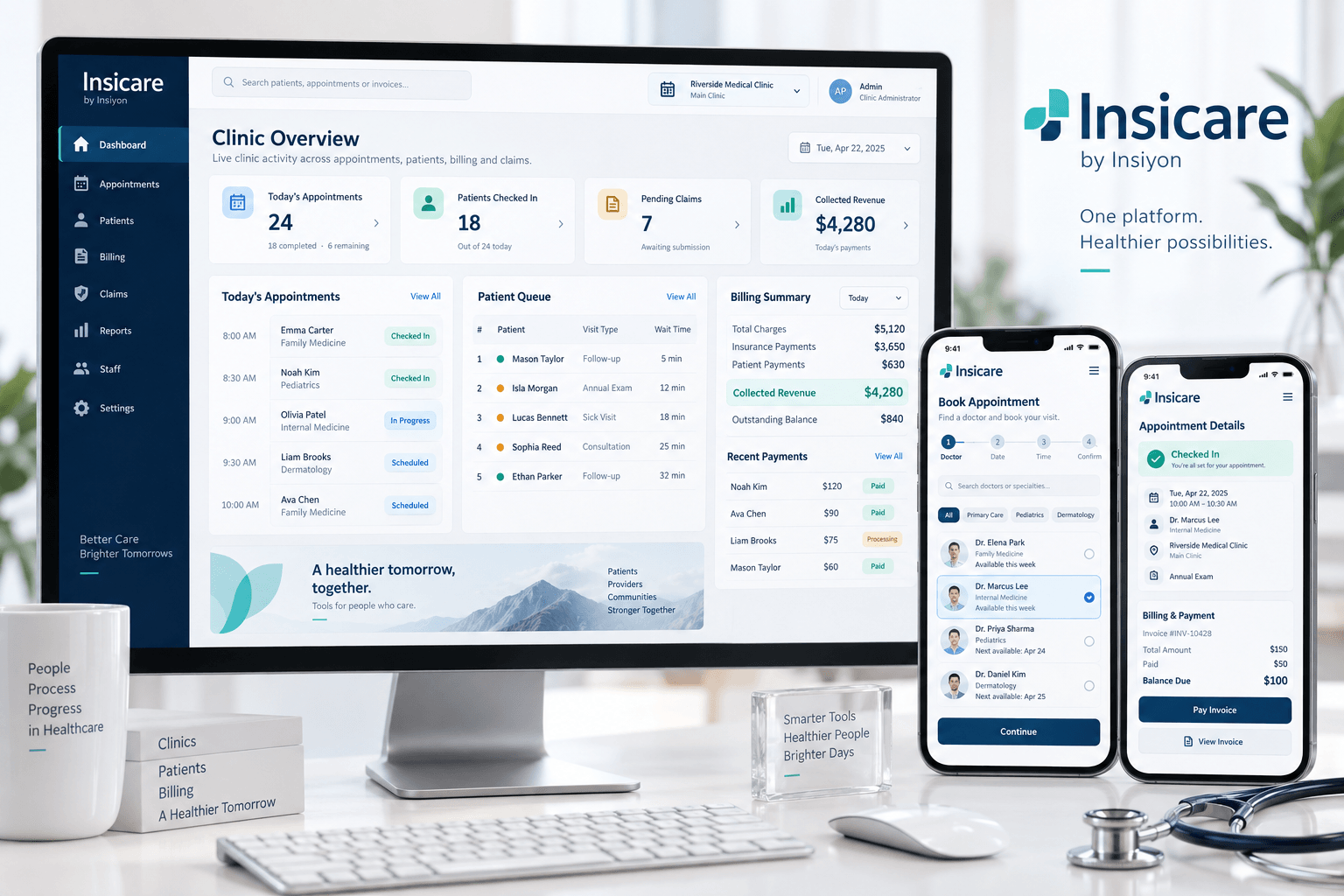Insicare Clinic, Appointment and Billing Software dashboard with patient booking and invoice payment apps