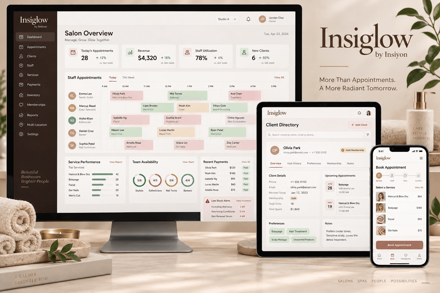 Insiglow salon management dashboard with client CRM and mobile appointment booking application
