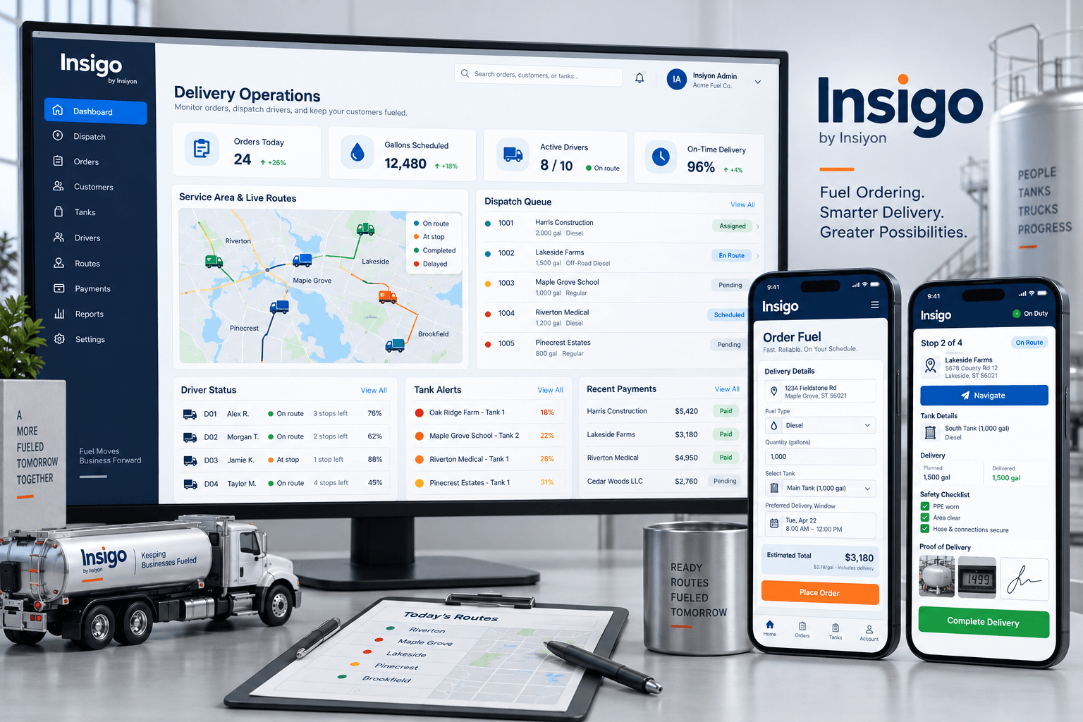Insigo fuel delivery dashboard with customer fuel-ordering and driver proof-of-delivery mobile apps