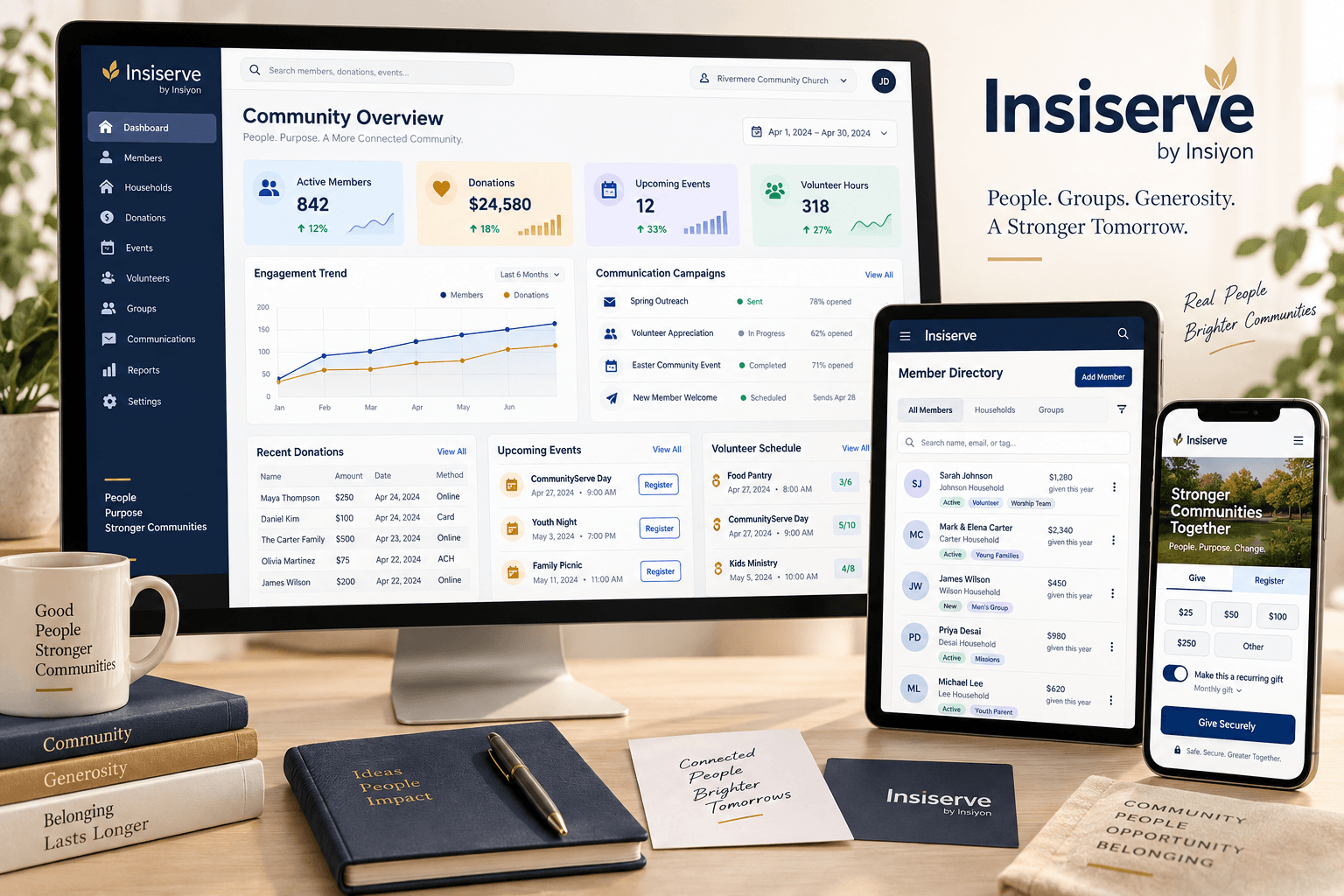 Insiserve church and nonprofit CRM dashboard with member directory and donation application