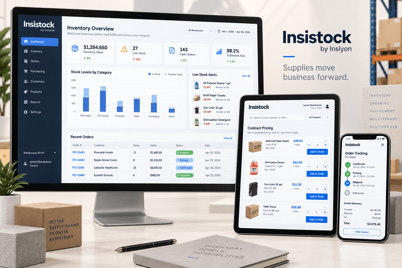 Insistock inventory dashboard with B2B product ordering and shipment tracking applications